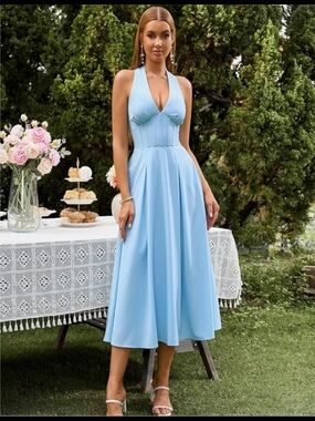 Halter Corset Midi Dress V Neck Bow Tie Smocked Back Flowy w Pockets